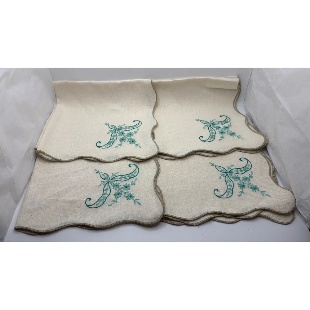 Vintage Hand Embroidered Linen Napkins Set of 4 Scallop Floral Teal Cream 16x16